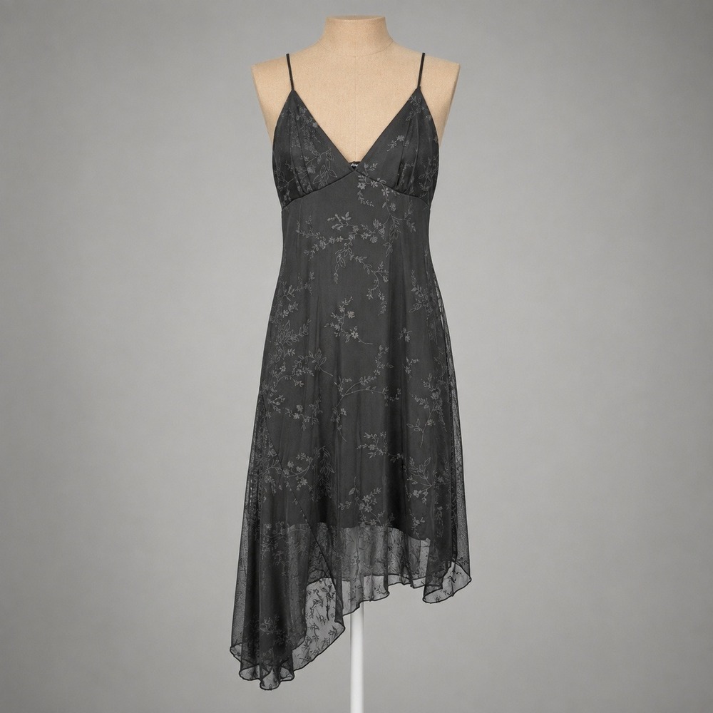 Vintage Y2K Floral Mesh Babydoll Maxi Dress Size S Black Asymmetrical Hem Fairy